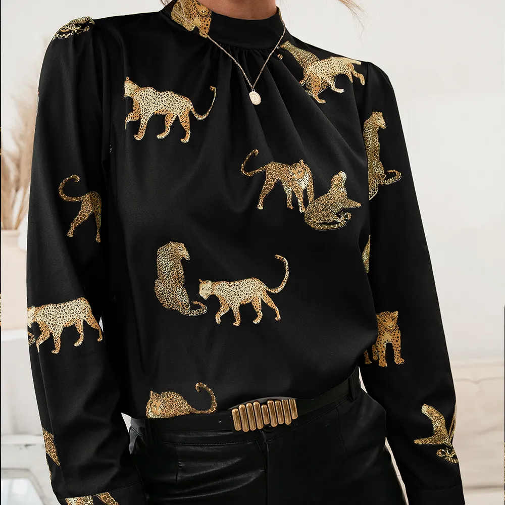 Leopard Graphic Mock Neck Puff Sleeve Blouse, image 6