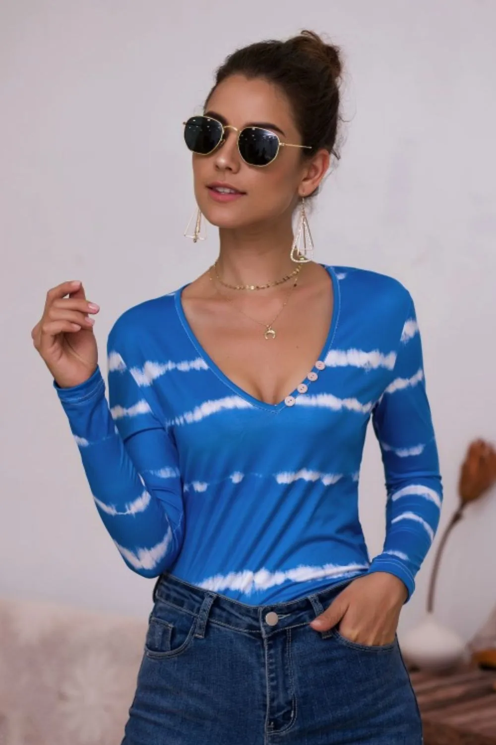 Tie-Dye Plunge Long Sleeve Top, image 7
