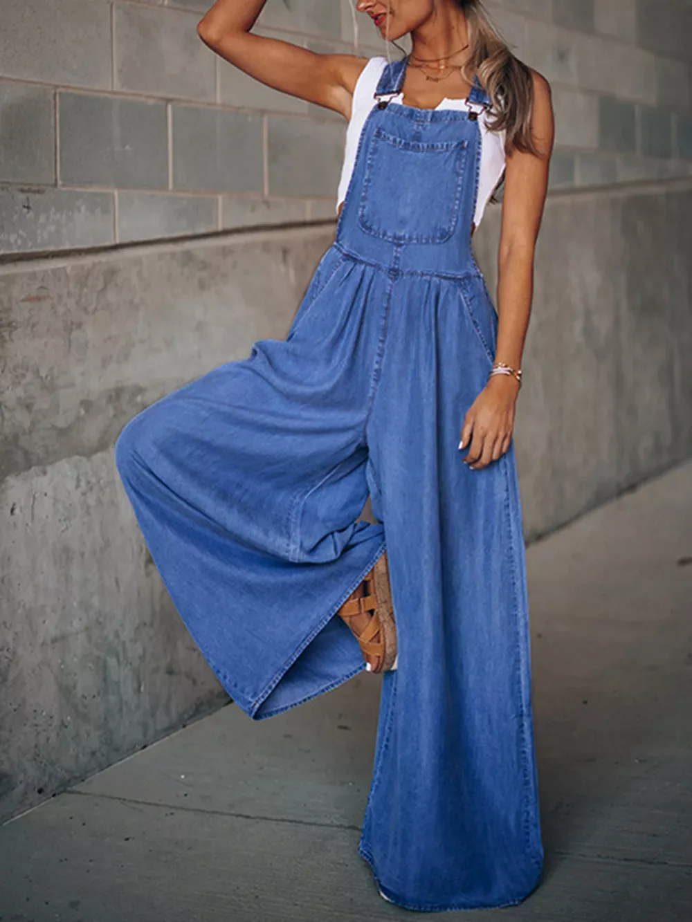 Wide Leg Denim Overalls, image 4