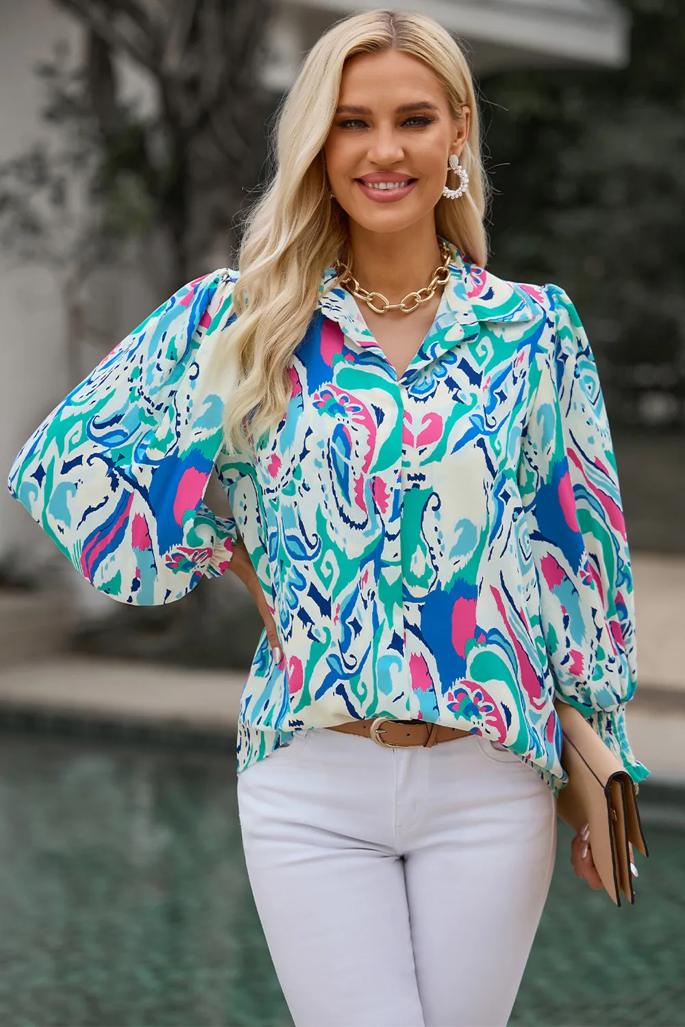 Printed Puff Sleeve Collared Blouse, image 6