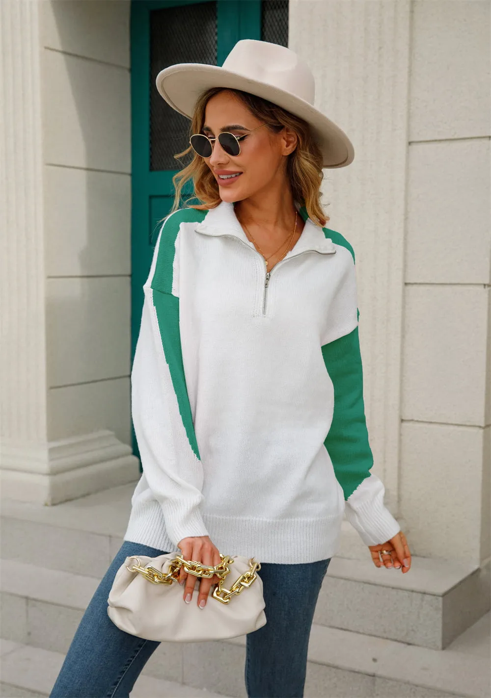 Two-Tone Collared Neck Dropped Shoulder Knit Top, image 6