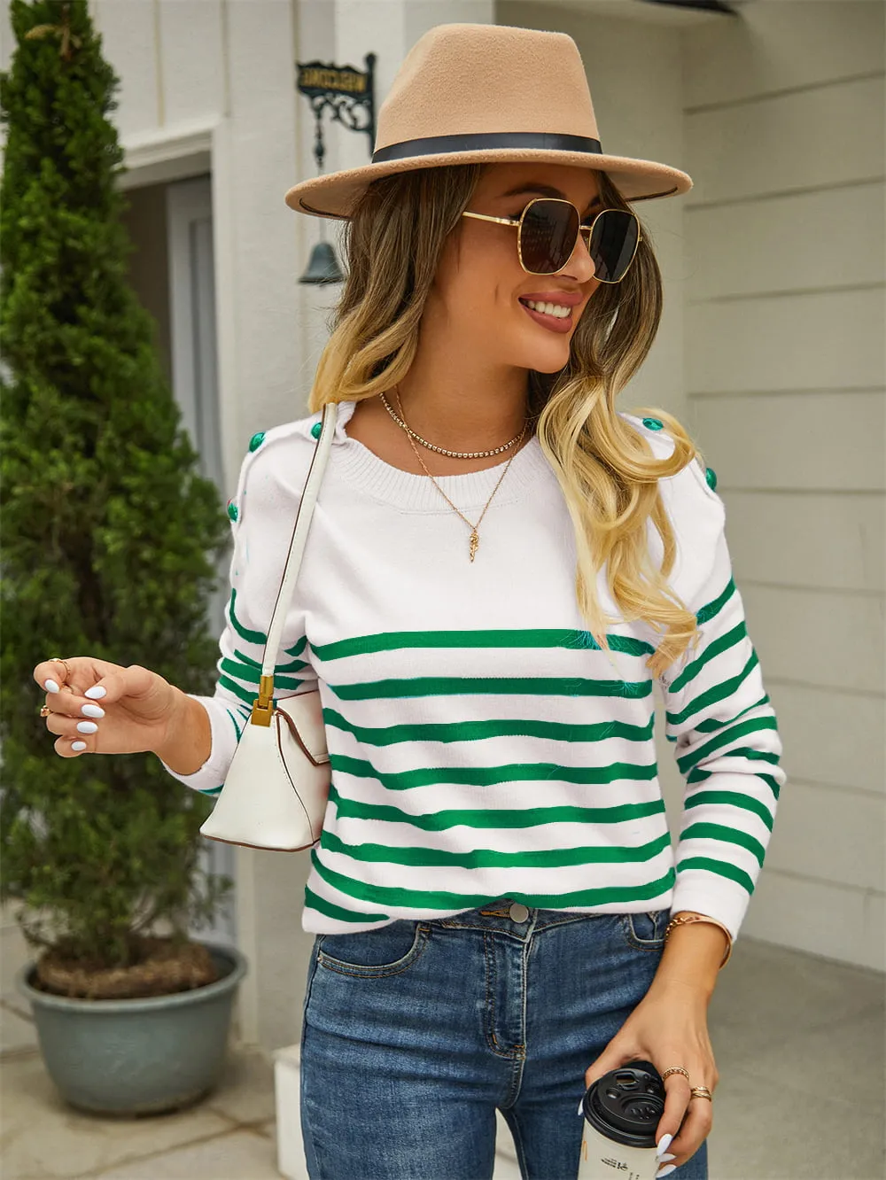 Round Neck Shoulder Button Striped Pullover Sweater, image 11