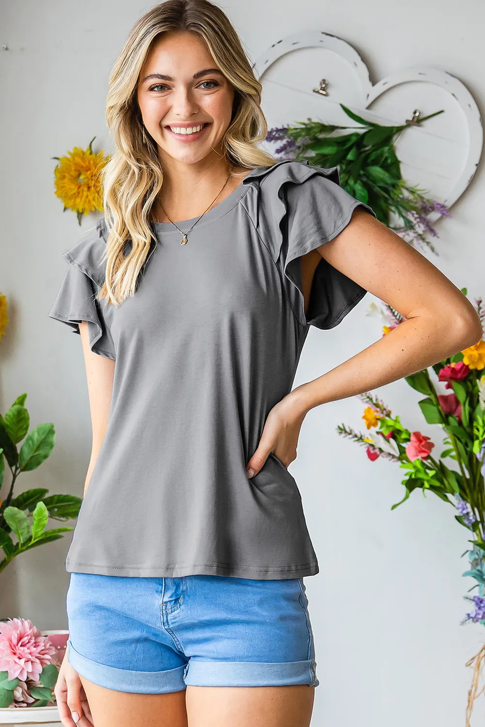 Layered Flutter Sleeve Round Neck Top, image 6