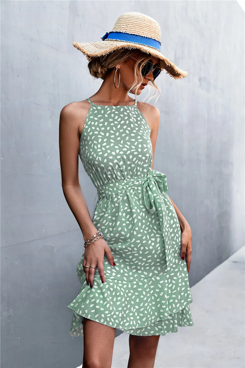 Printed Tie Waist Ruffle Hem Sleeveless Dress, image 4