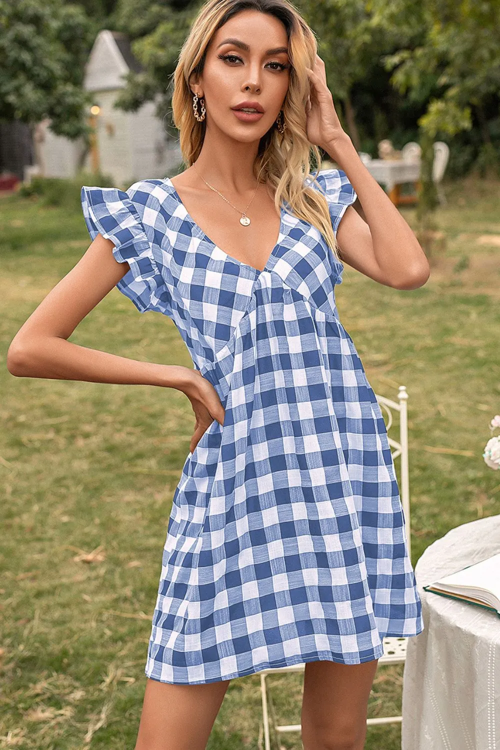 Plaid Butterfly Sleeve Deep V Dress, image 4