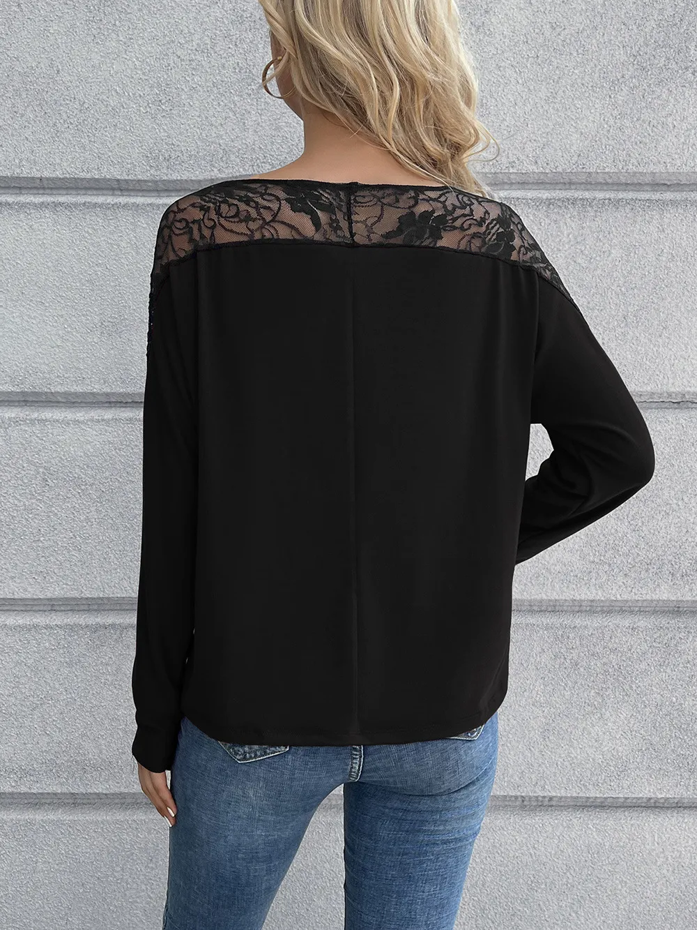 Lace Long Sleeve Round Neck Tee, image 8