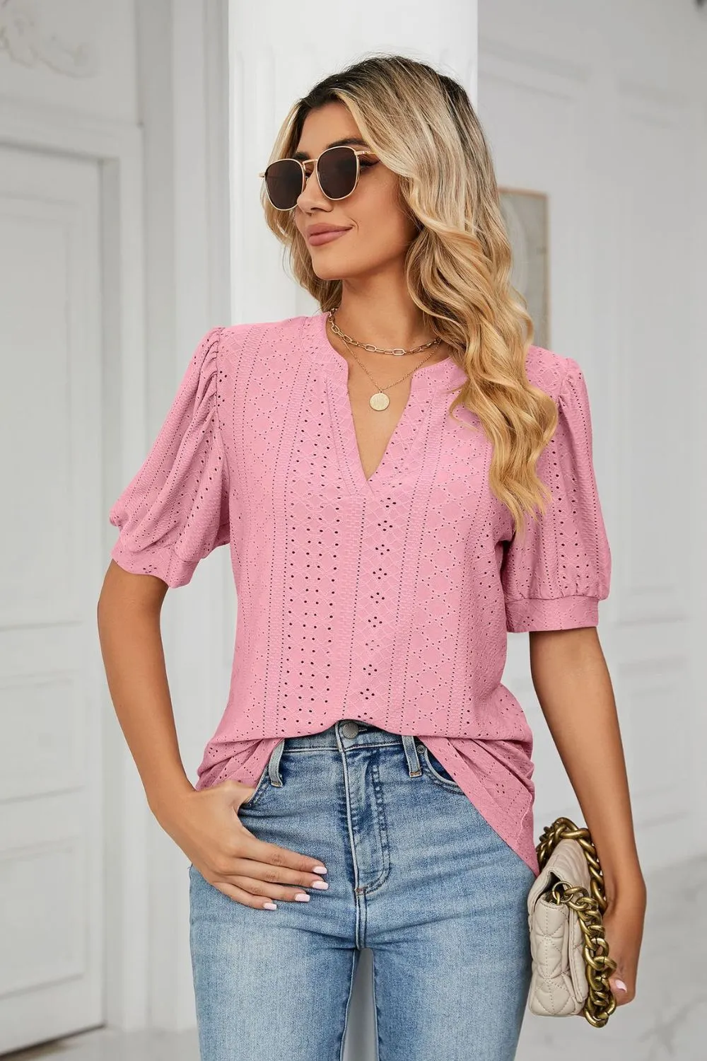 Eyelet Short Puff Sleeve Notched Neck Top, image 26
