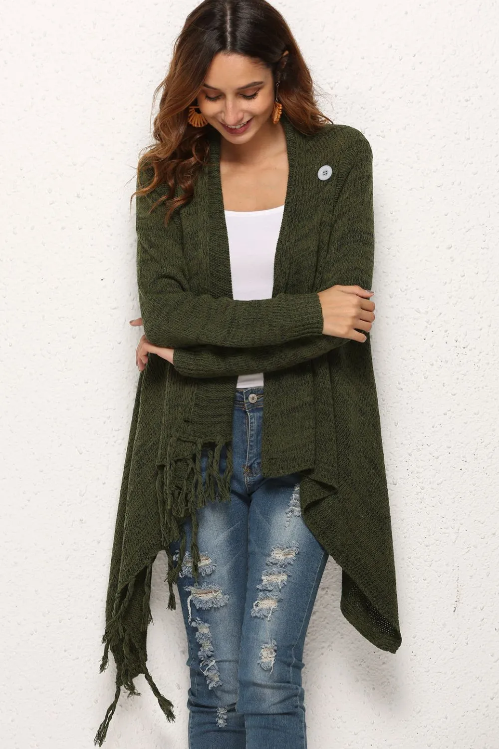 One-Button Tassel Tie Asymmetrical Hem Cardigan, image 8