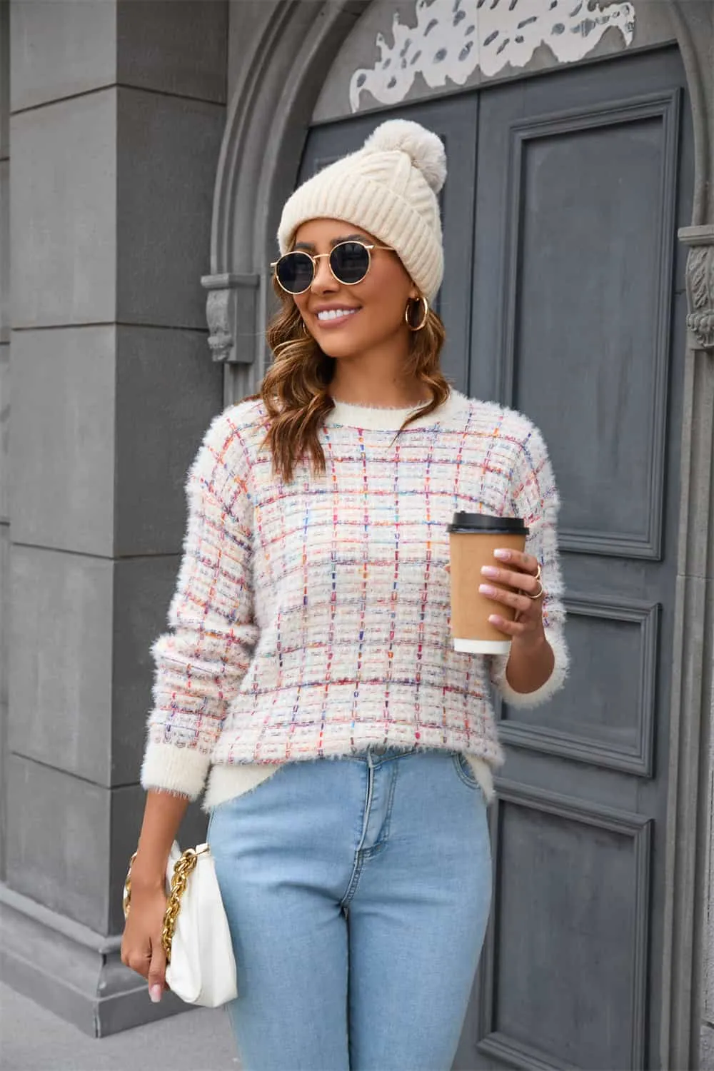 Plaid Round Neck Long Sleeve Pullover Sweater, image 4