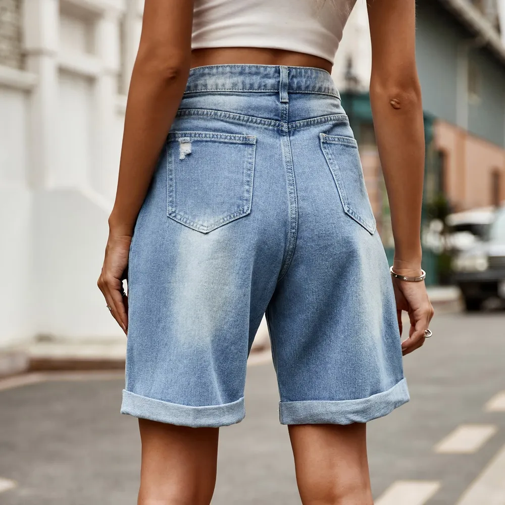 Distressed Buttoned Denim Shorts with Pockets, image 3