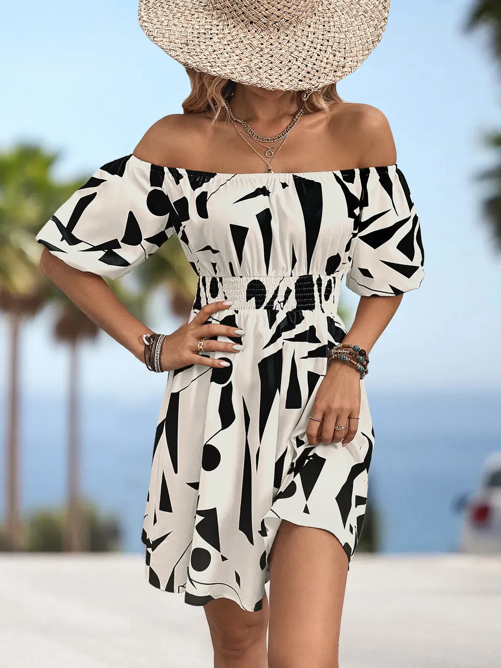 Printed Off-Shoulder Smocked Waist Dress, image 5