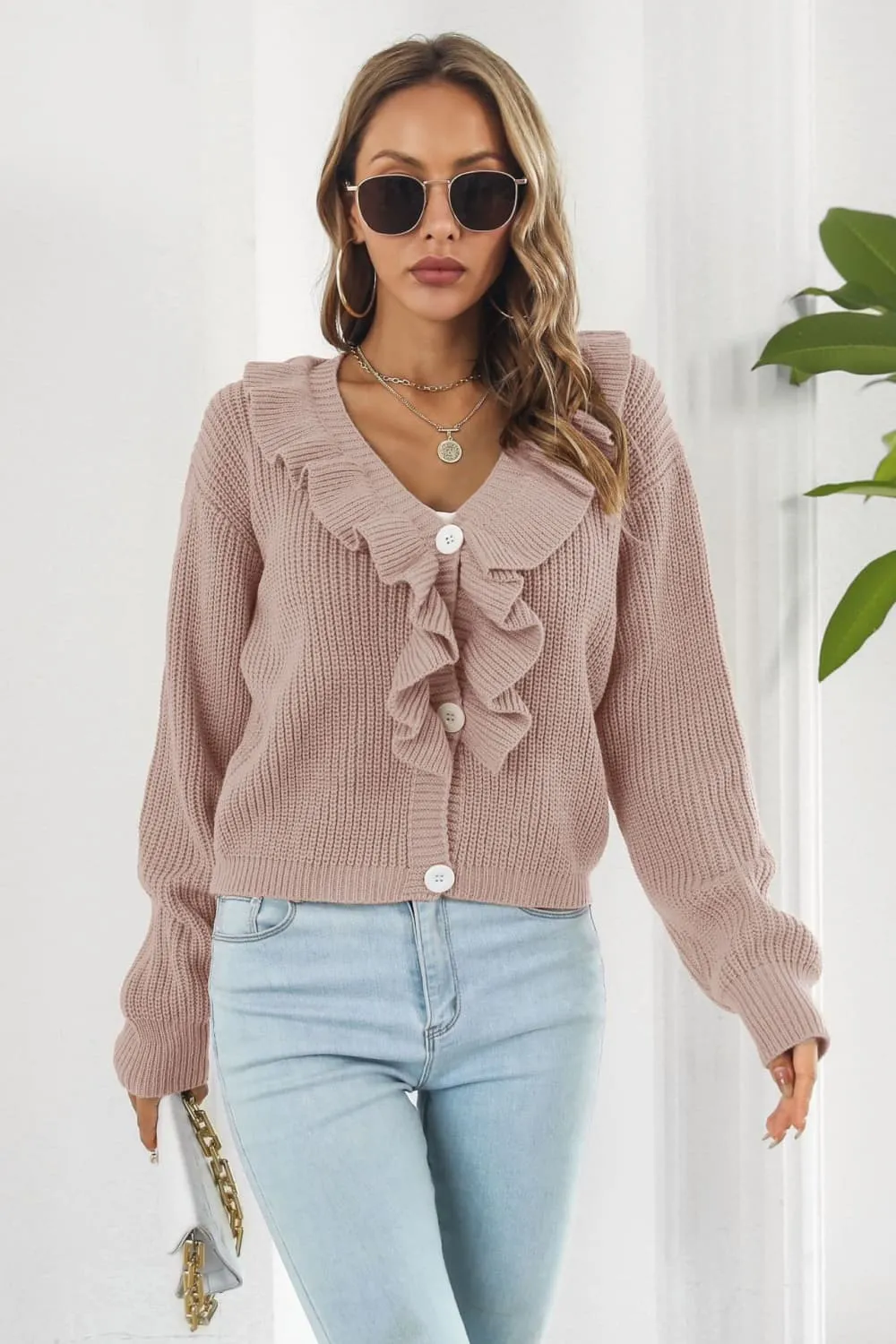 Ruffle Trim Button-Down Dropped Shoulder Sweater, image 2