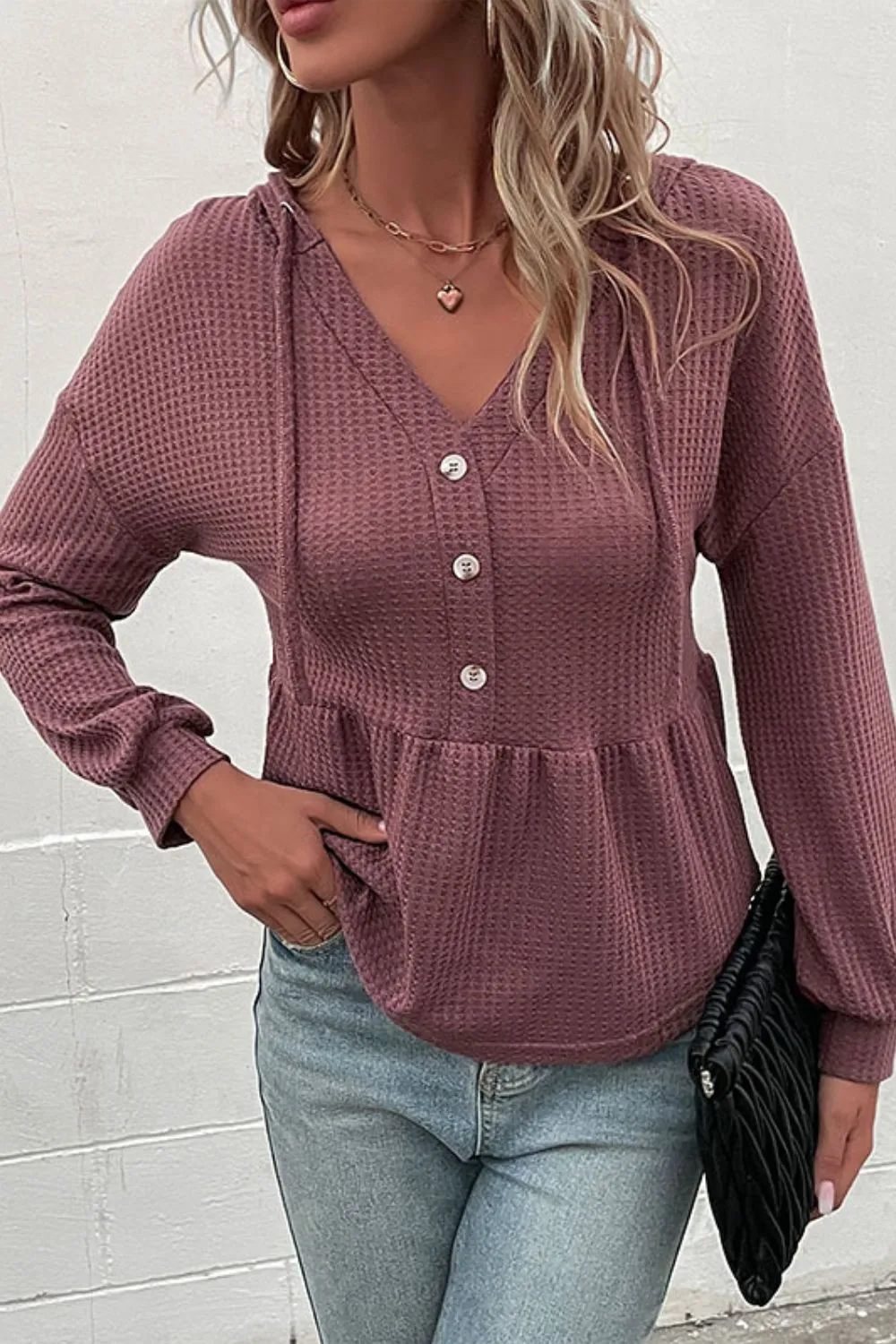 Waffle-Knit Buttoned Drop Shoulder Hoodie, image 5