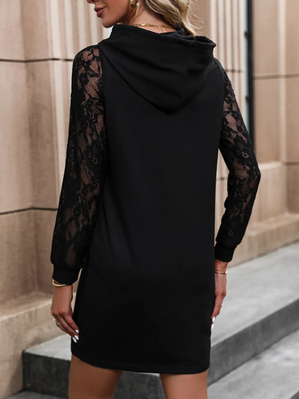 Lace Trim Long Sleeve Hooded Dress, image 3