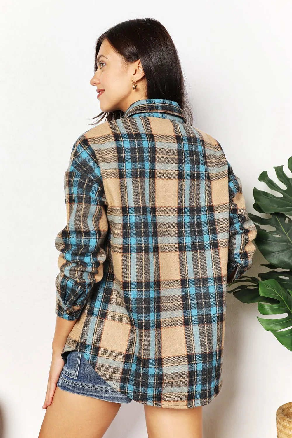 Plaid Curved Hem Shirt Jacket with Breast Pockets, image 9