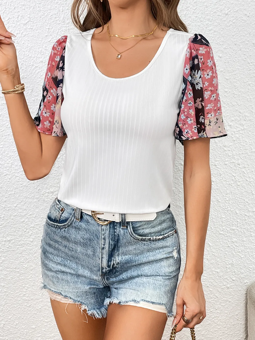 Printed Puff Sleeve Round Neck Tee, image 4