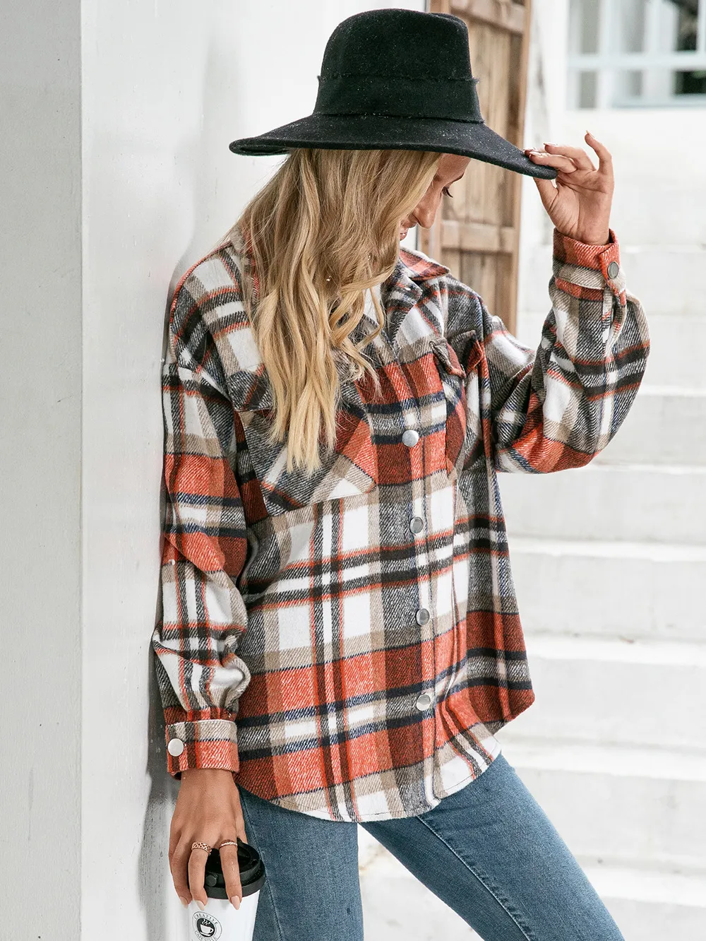 Meet You Outside Plaid Button Down Curved Hem Shacket, image 4