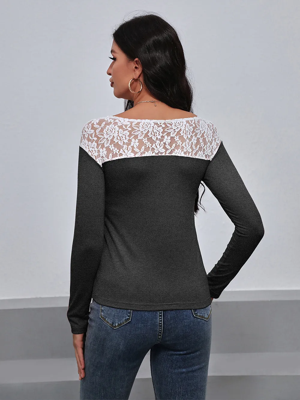 Lace Trim Long Sleeve Round Neck Tee, image 6