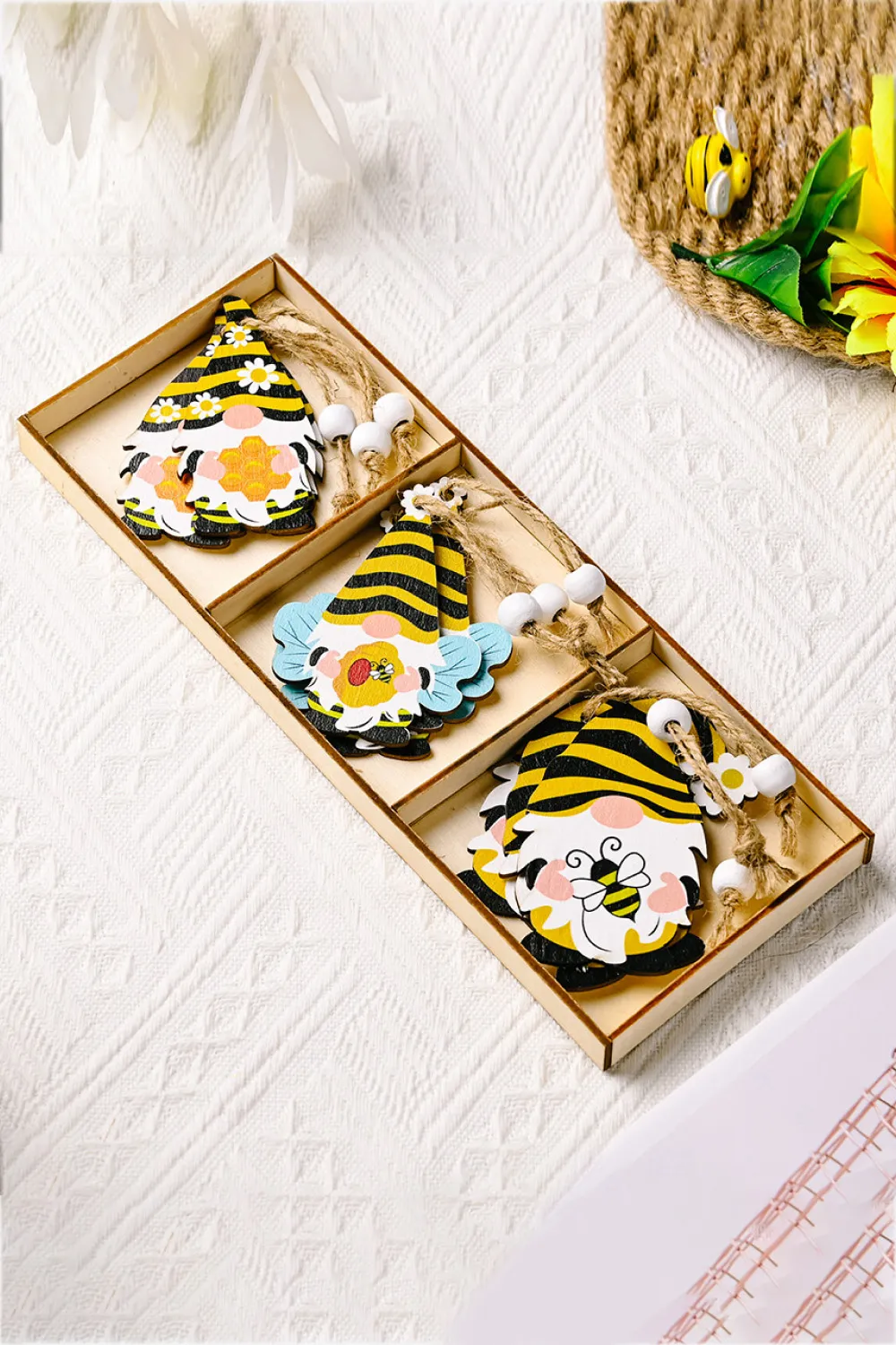 3-Pack Bee Wood Gnome Ornaments, image 3