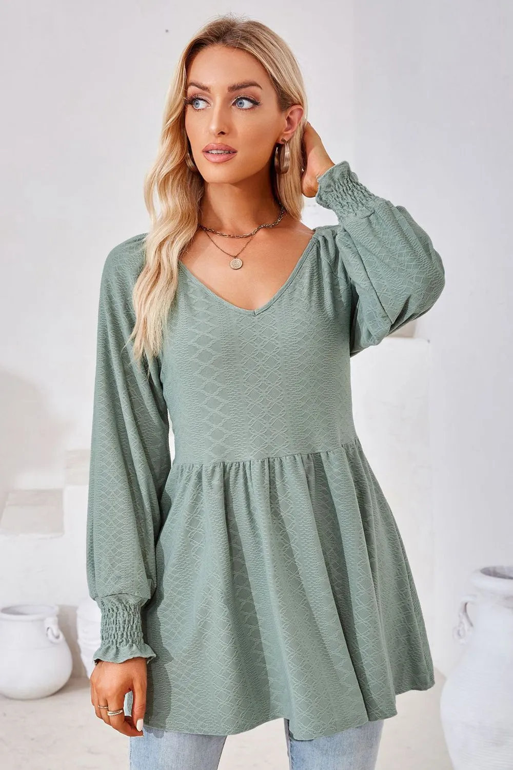 V-Neck Lantern Sleeve Blouse, image 9