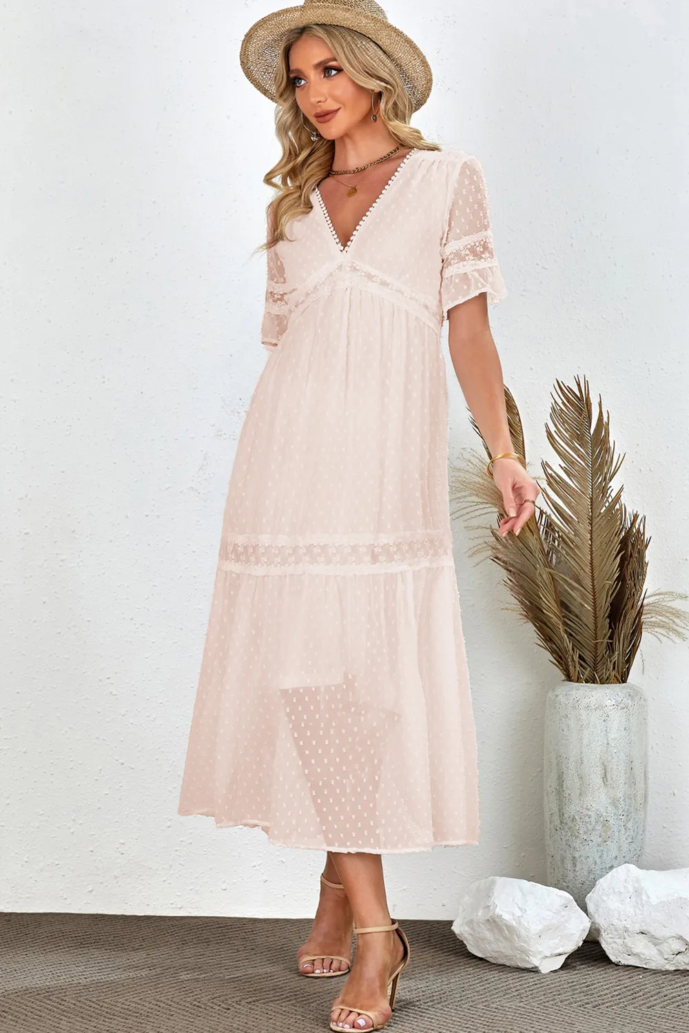 Swiss Dot V-Neck Short Sleeve Midi Dress, image 7