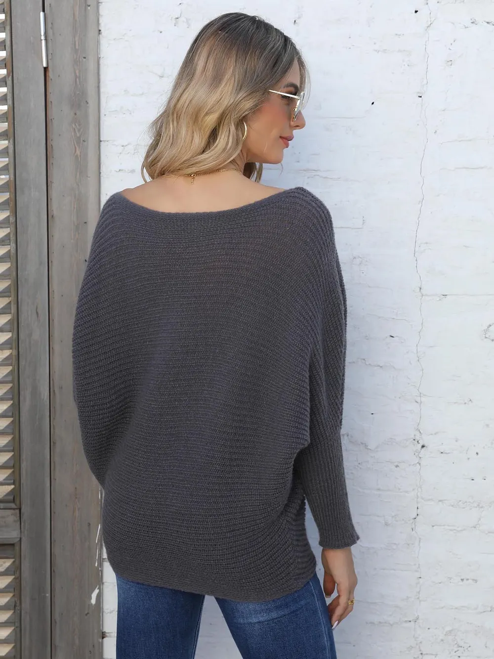 Full Size Horizontal Ribbing Dolman Sleeve Sweater, image 3
