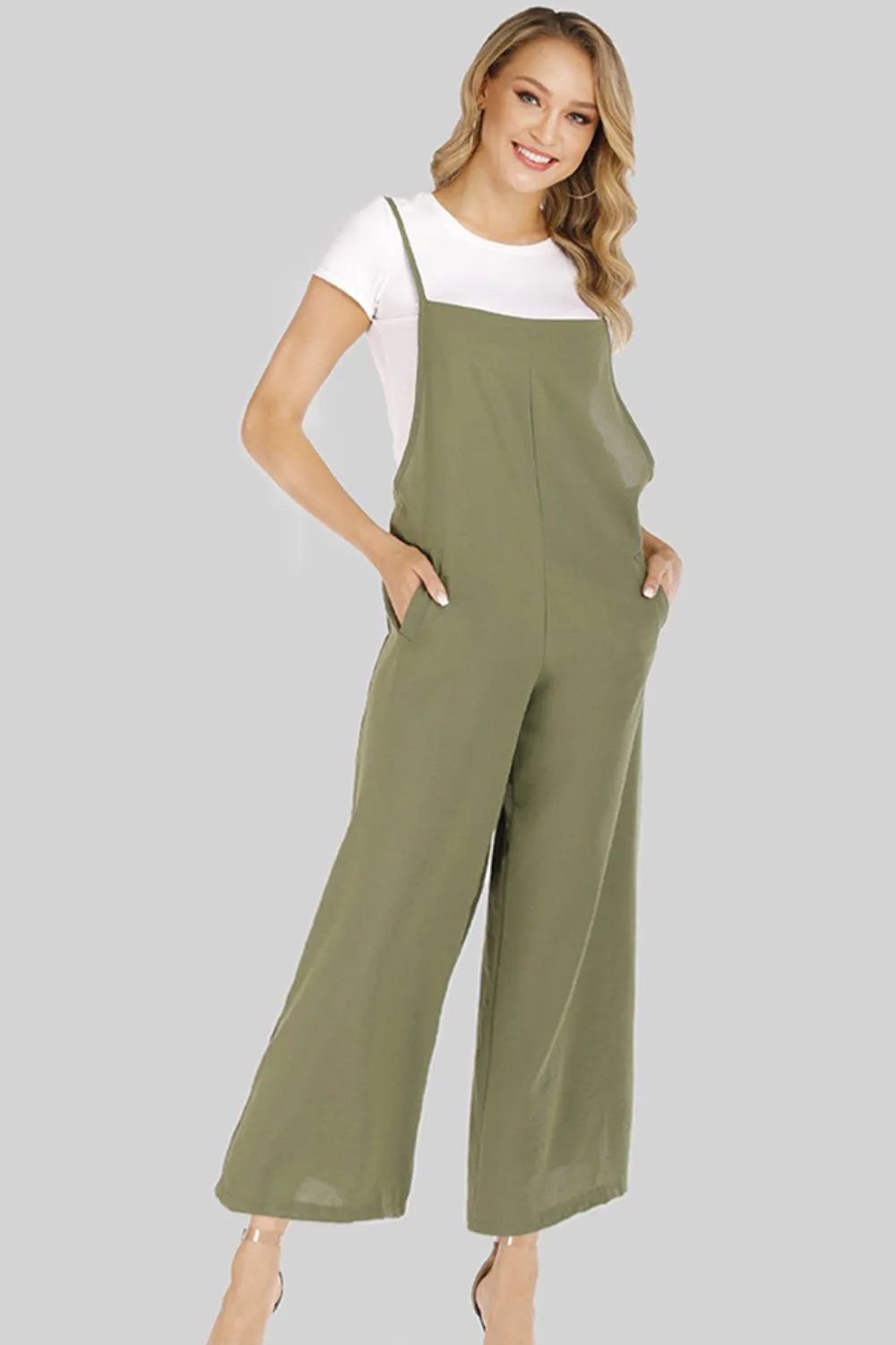 Full Size Cropped Wide Leg Overalls with Pockets, image 5