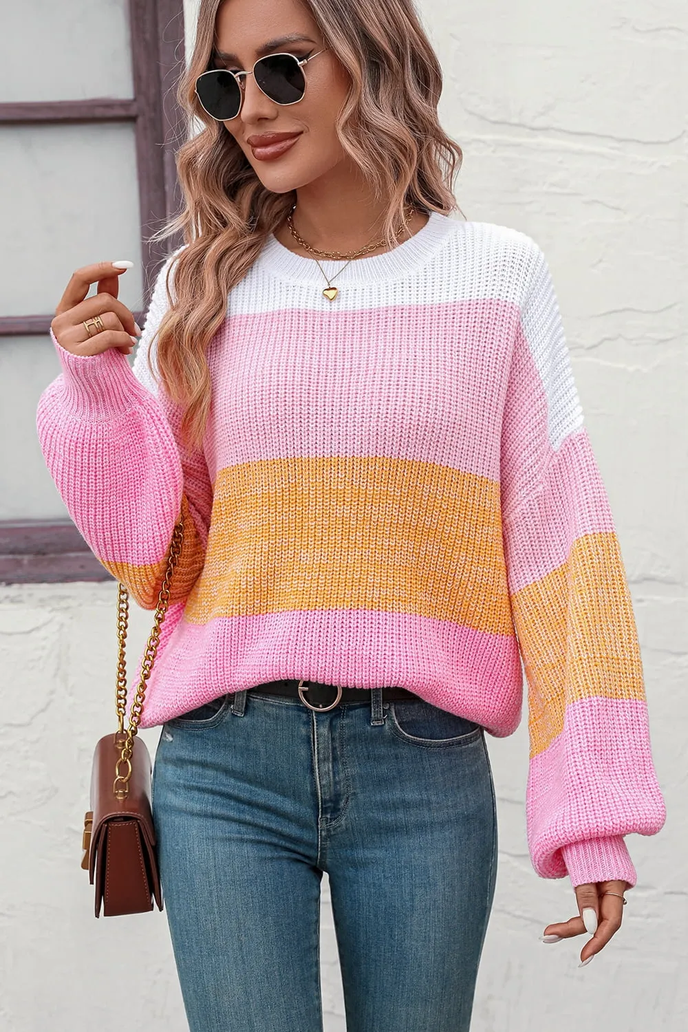 Round Neck Color Block Ribbed Pullover Sweater, image 3