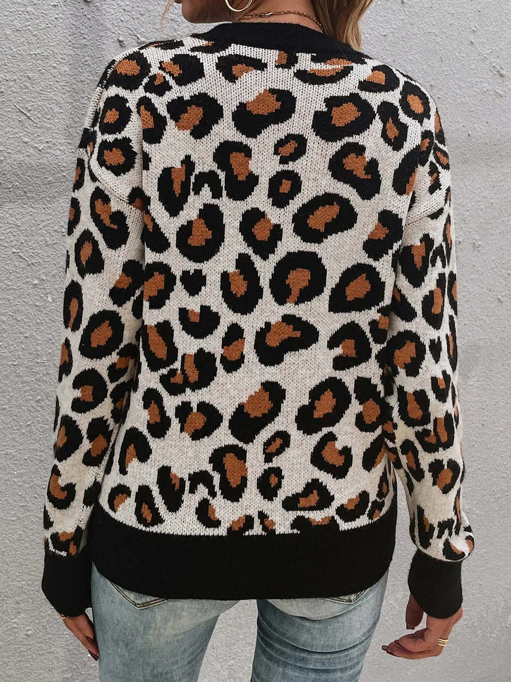 Leopard Round Neck Dropped Shoulder Sweater, image 4