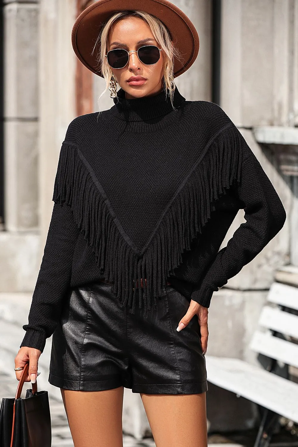 Turtle Neck Tassel Front Long Sleeve Pullover Sweater, image 6