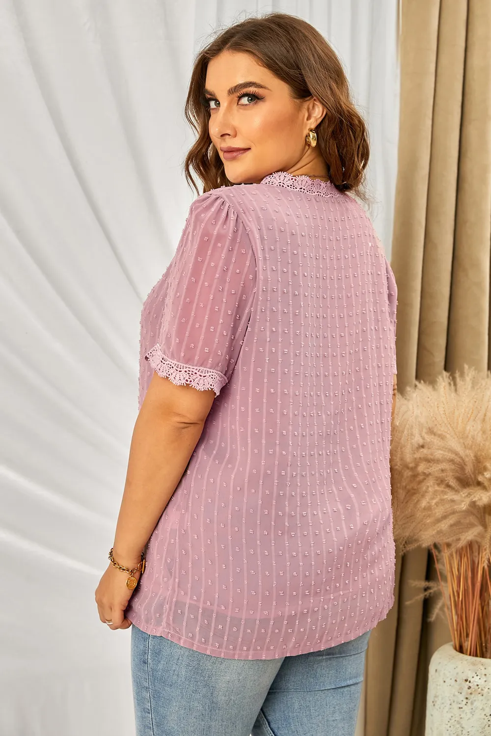 Plus Size Swiss Dot Spliced Lace V-Neck Blouse, image 6