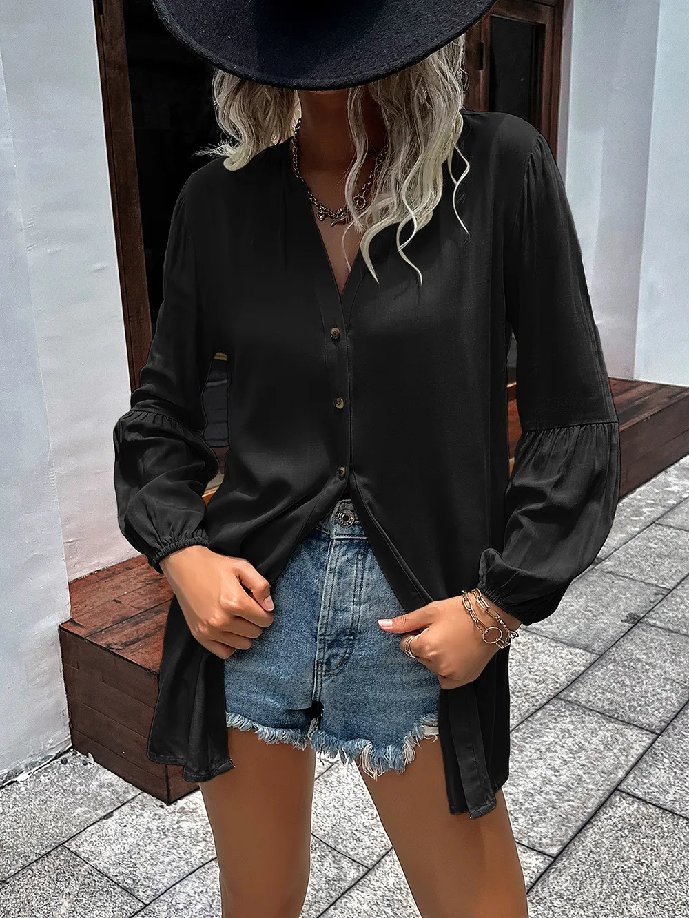 Notched Neck Balloon Sleeve Shirt, image 9