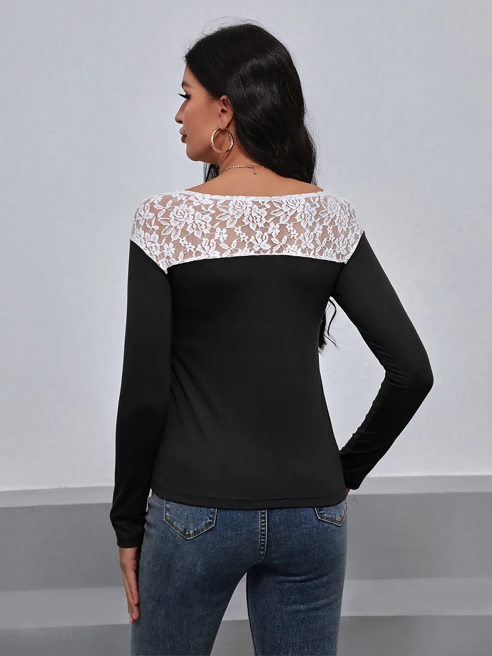 Lace Trim Long Sleeve Round Neck Tee, image 2