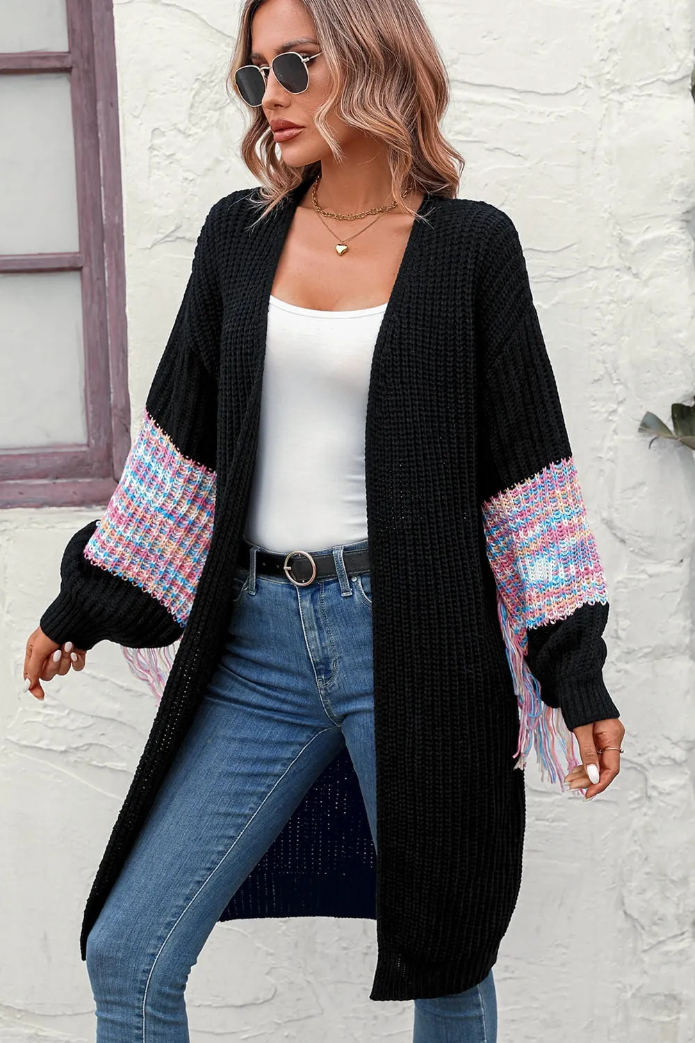 Fringe Sleeve Dropped Shoulder Cardigan, image 10