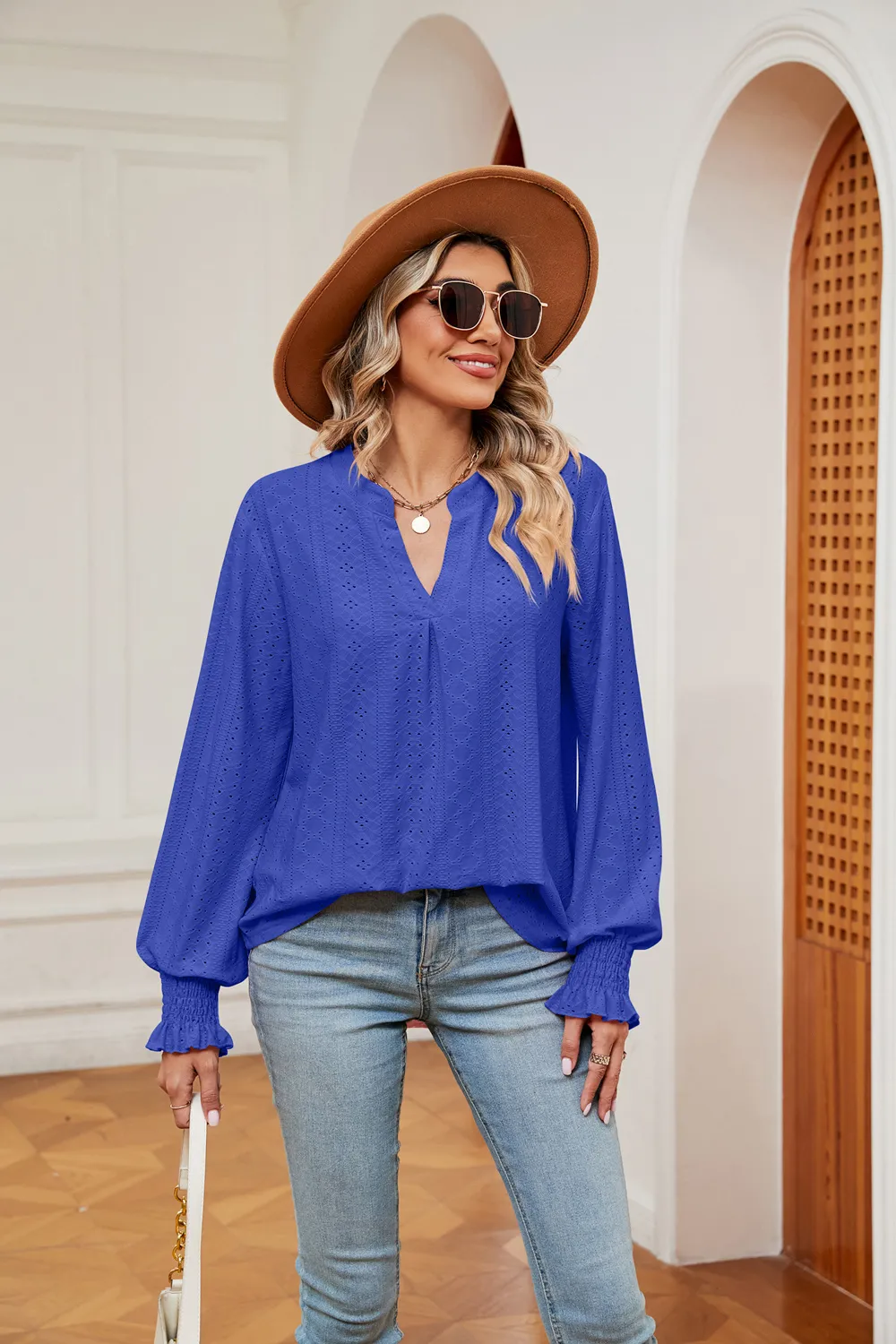 Notched Neck Flounce Sleeve Blouse, image 4