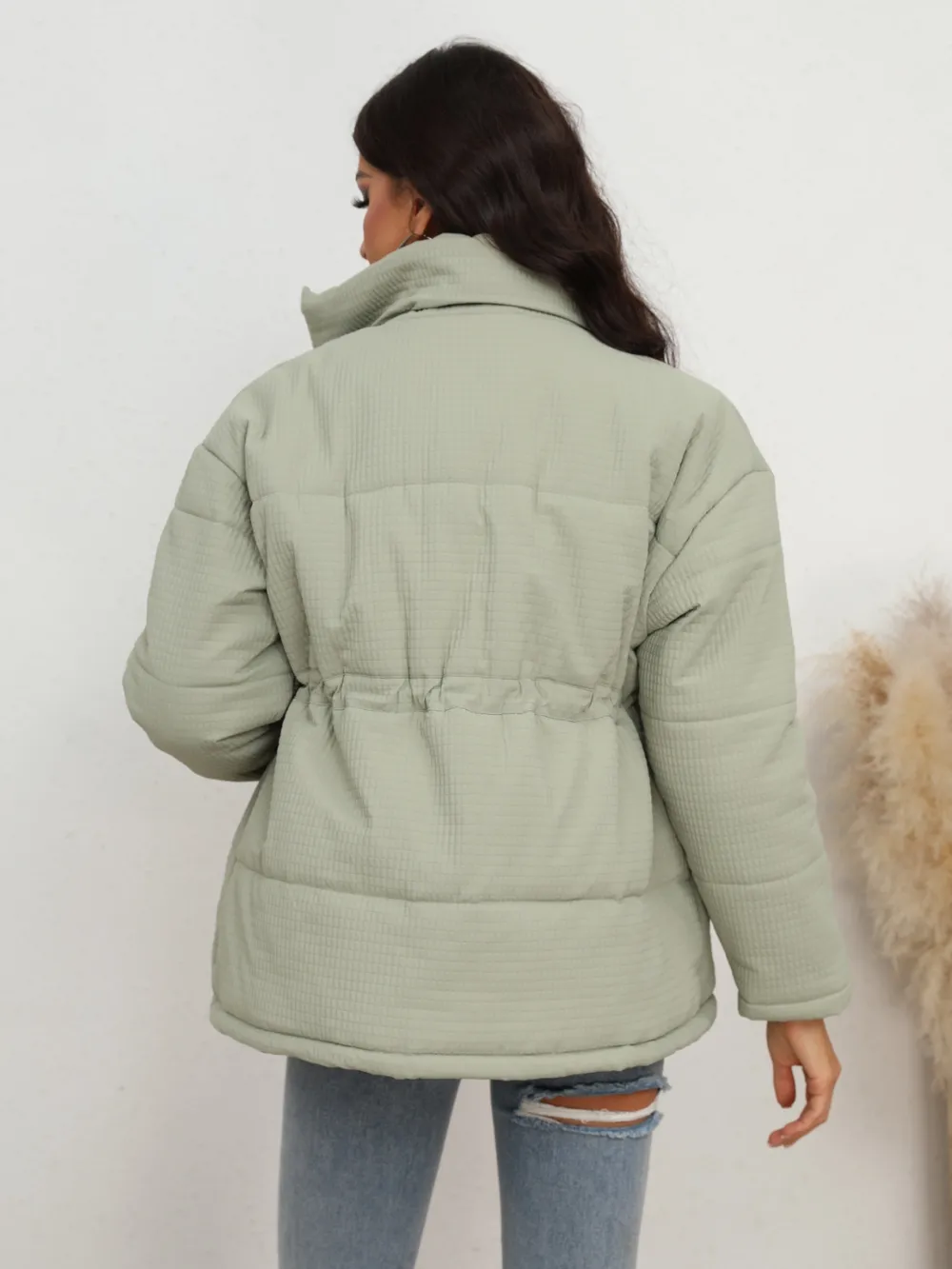 Drawstring Waist Zip-Up Puffer Jacket, image 2