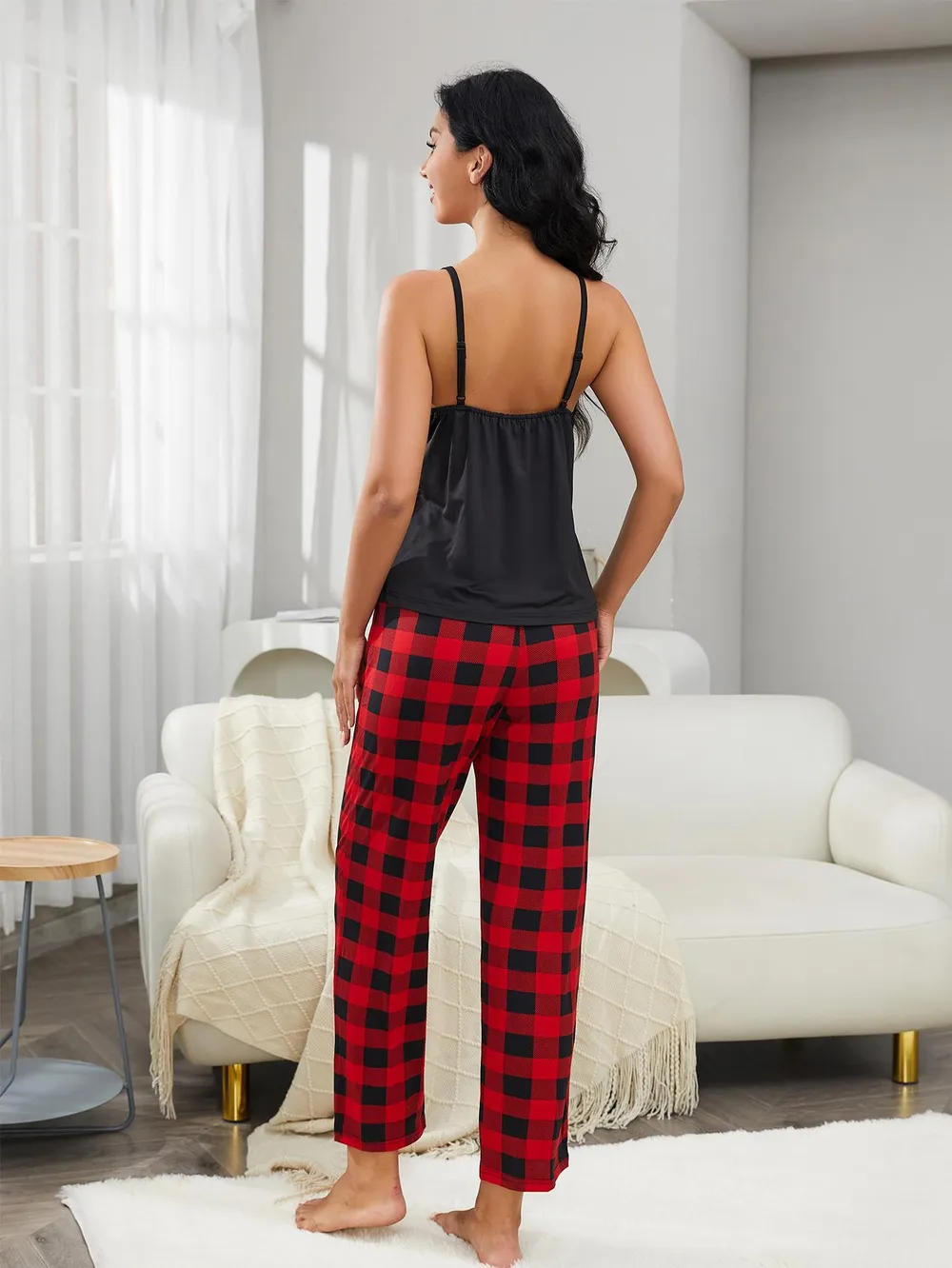 Lace Trim Cami and Plaid Pants Lounge Set, image 2