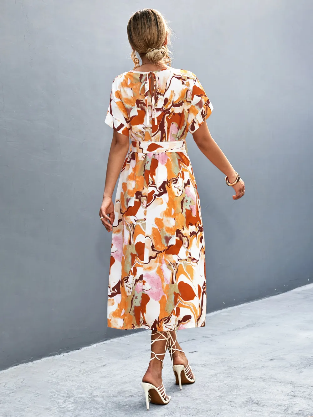 Round Neck Short Sleeve Tie Waist Midi Dress, image 9