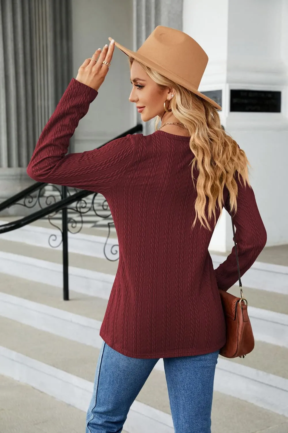 Cable-Knit Long Sleeve V-Neck T-Shirt, image 25