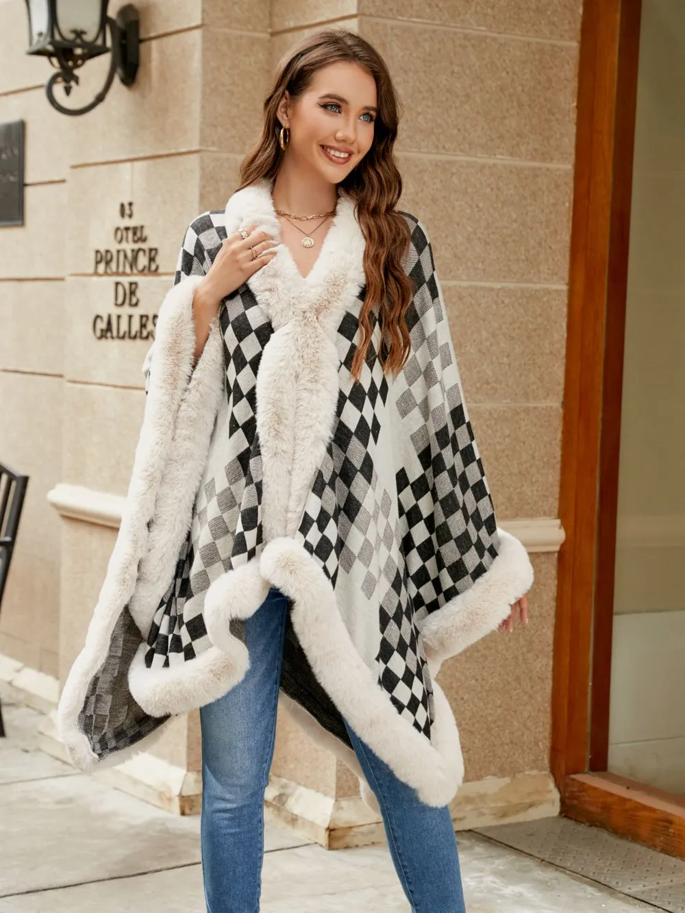 Checkered Faux Fur Trim Poncho, image 5