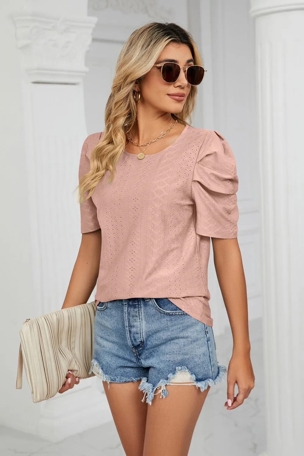 Eyelet Puff Sleeve Round Neck Blouse, image 3