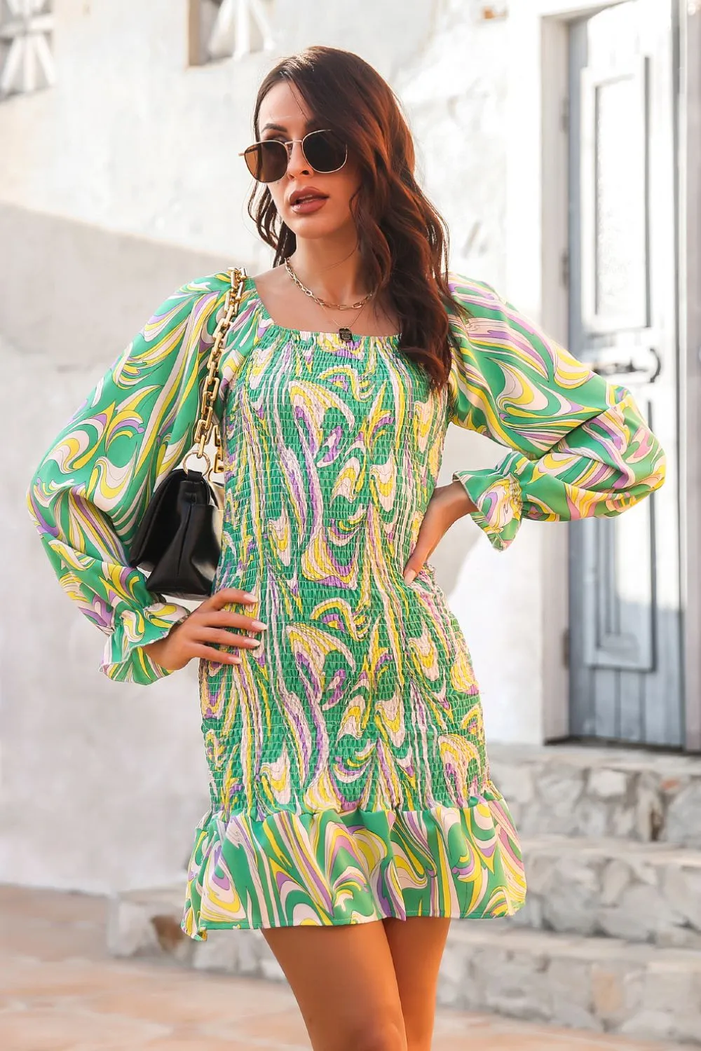 Abstract Print Square Neck Smocked Dress, image 6