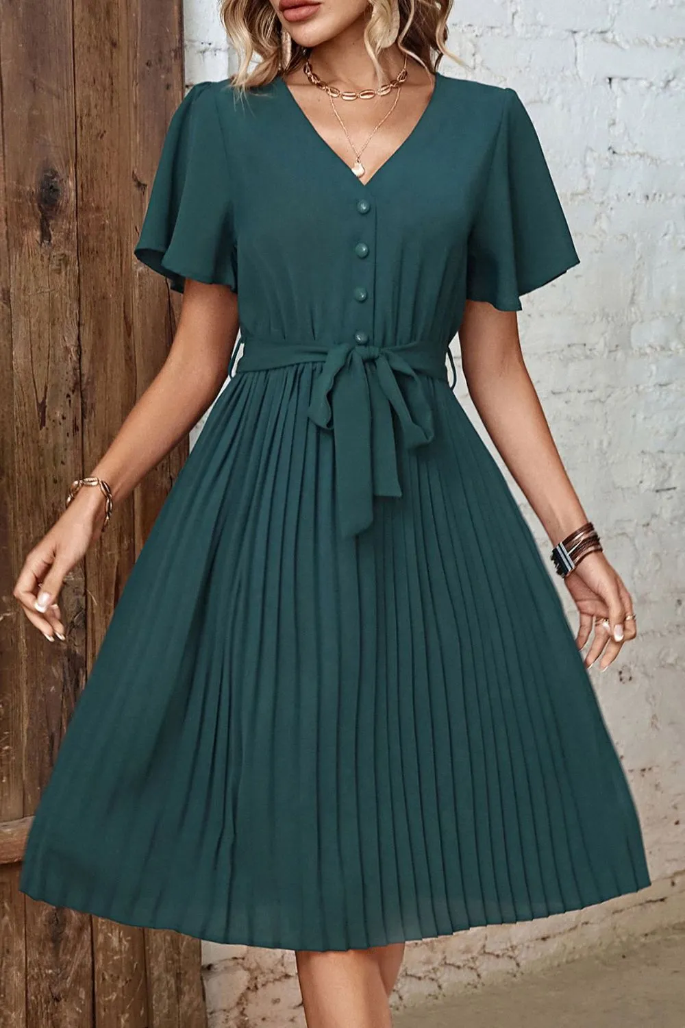 Buttoned V-Neck Flutter Sleeve Pleated Dress, image 2