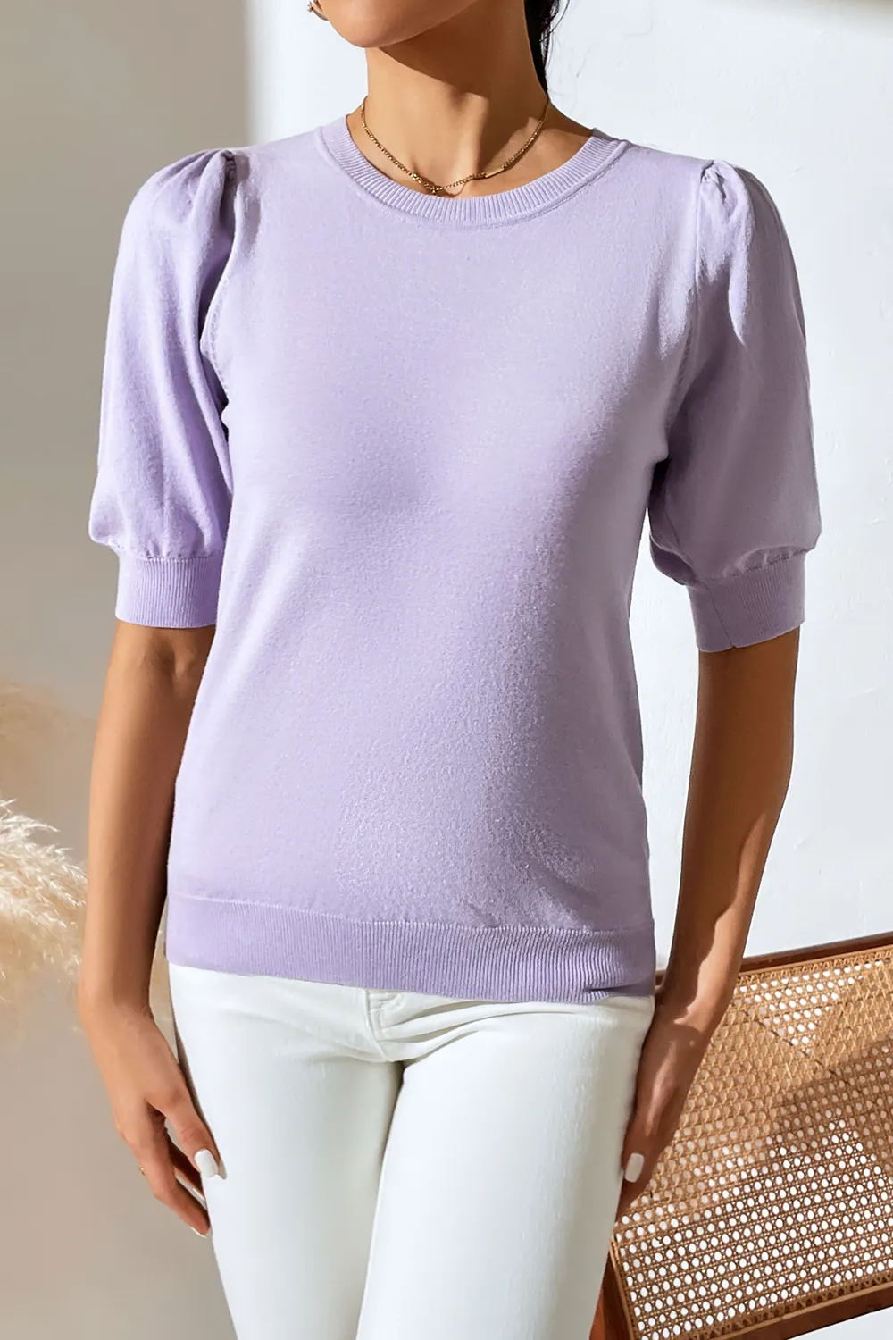 Round Neck Puff Sleeve Knit Top, image 2