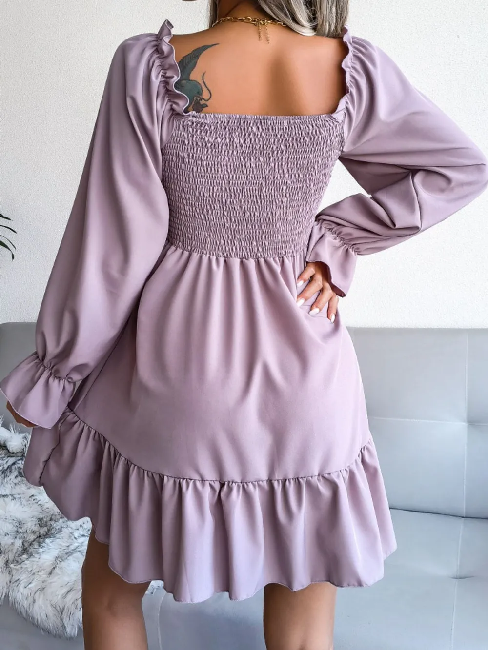 Smocked Flounce Sleeve Square Neck Dress, image 9