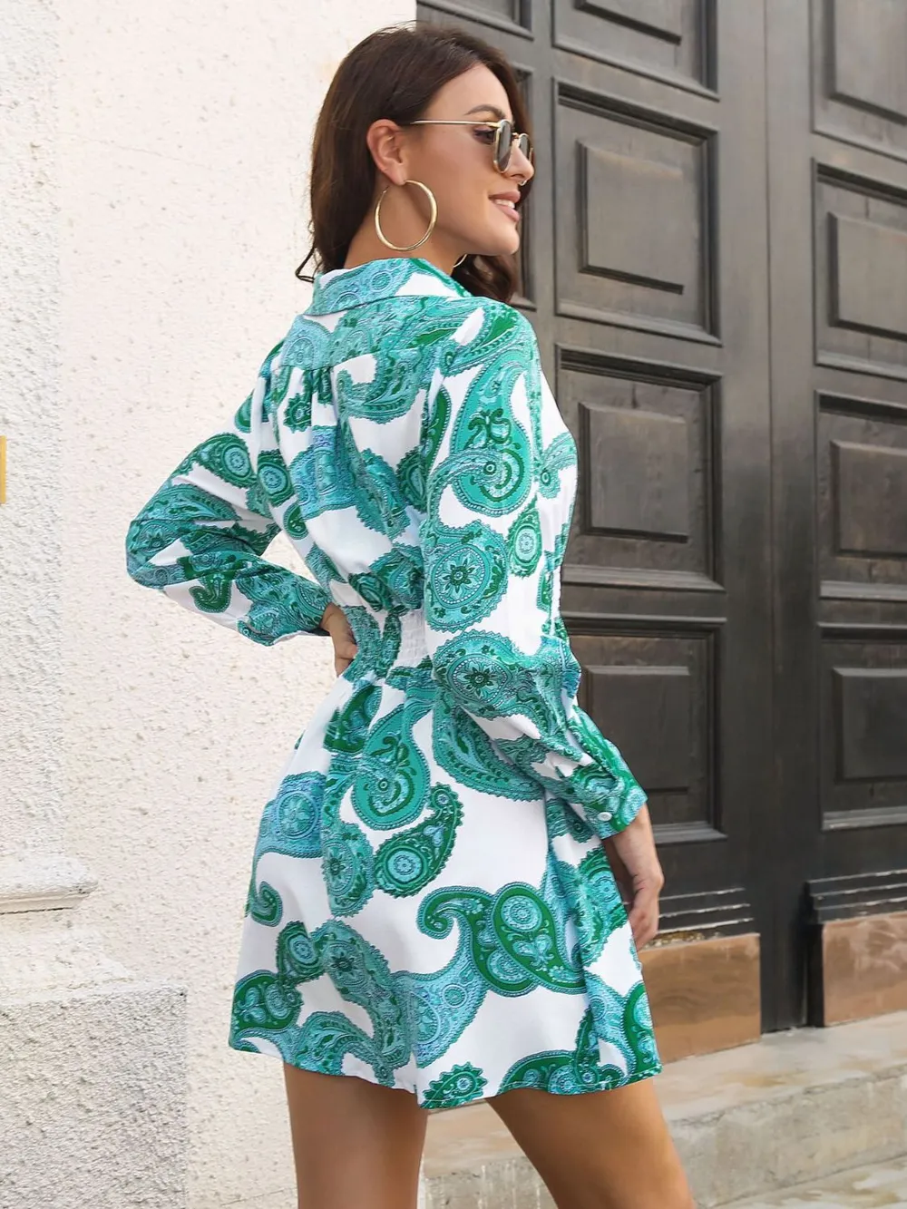 Paisley Print Johnny Collar Smocked Dress, image 7