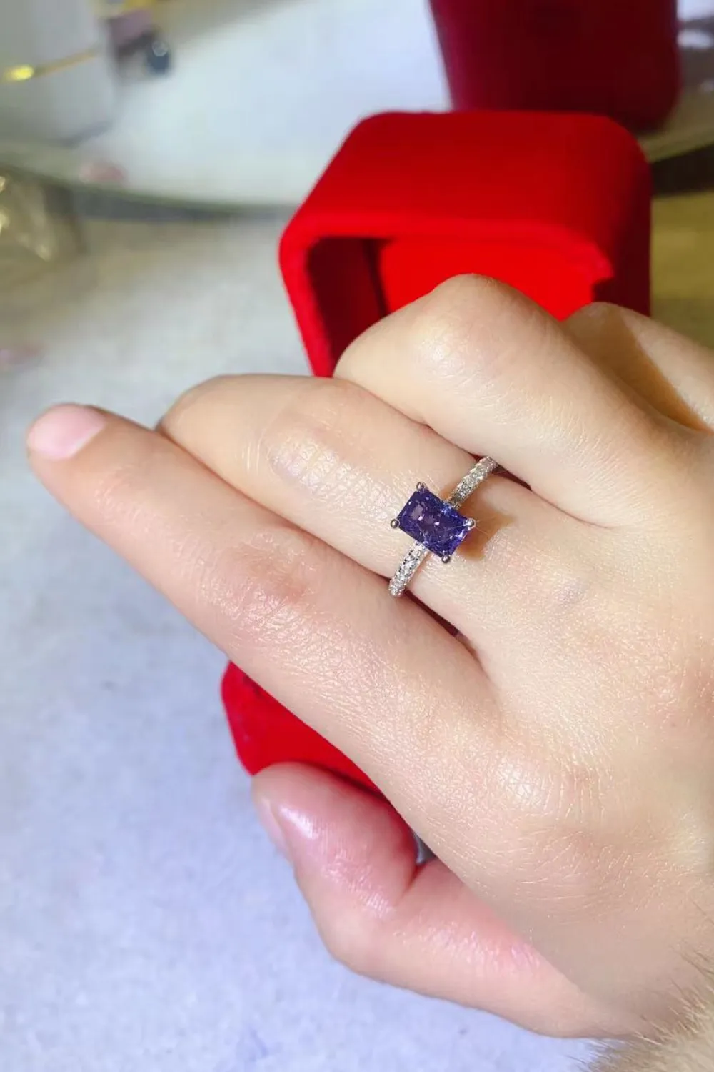 1 Carat Moissanite 925 Sterling Silver Rectangle Ring in Blue, image 4