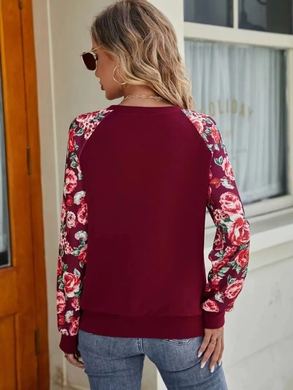 Floral Raglan Sleeve Round Neck Sweatshirt, image 4