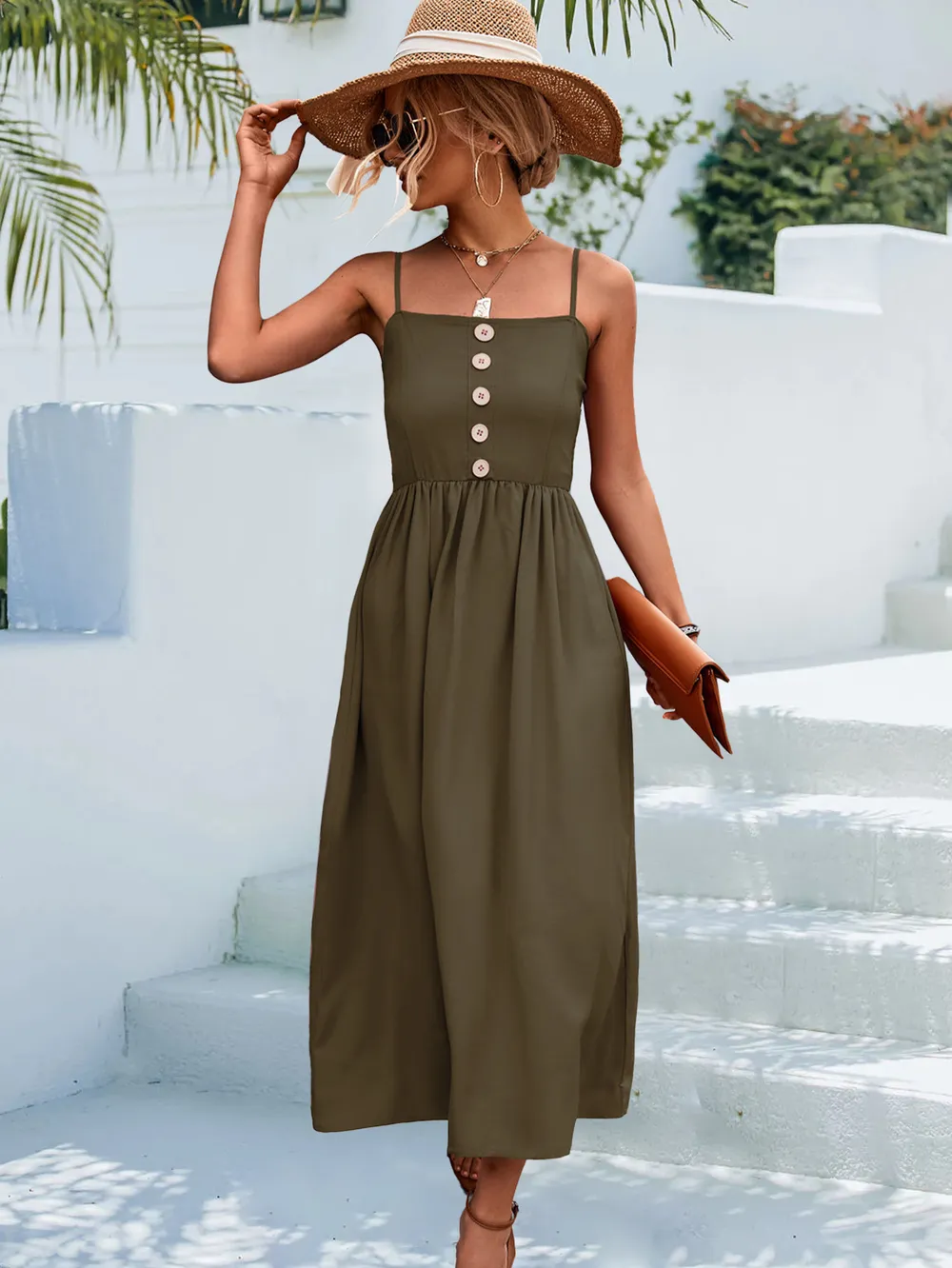 Decorative Button Spaghetti Strap Midi Dress, image 14