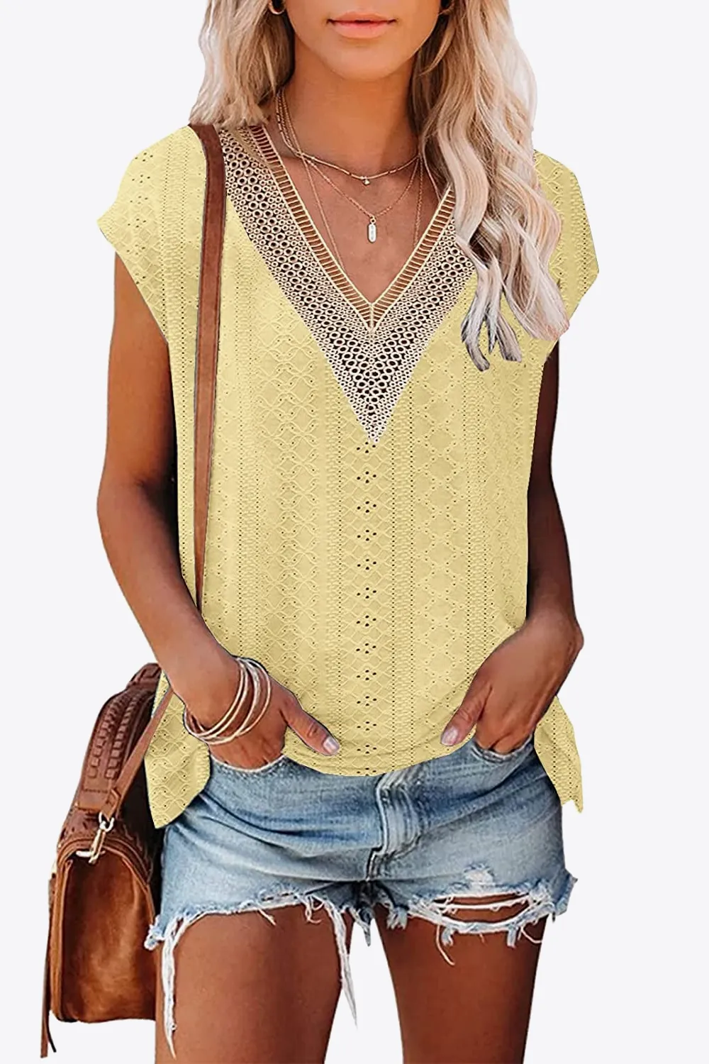 Eyelet Contrast V-Neck Tee, image 8